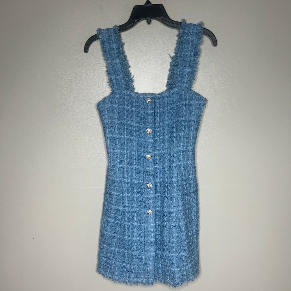 Zara Blue Tweed Shift Dress Jewel Buttons Women's XS Mod Twee Graceland Dress